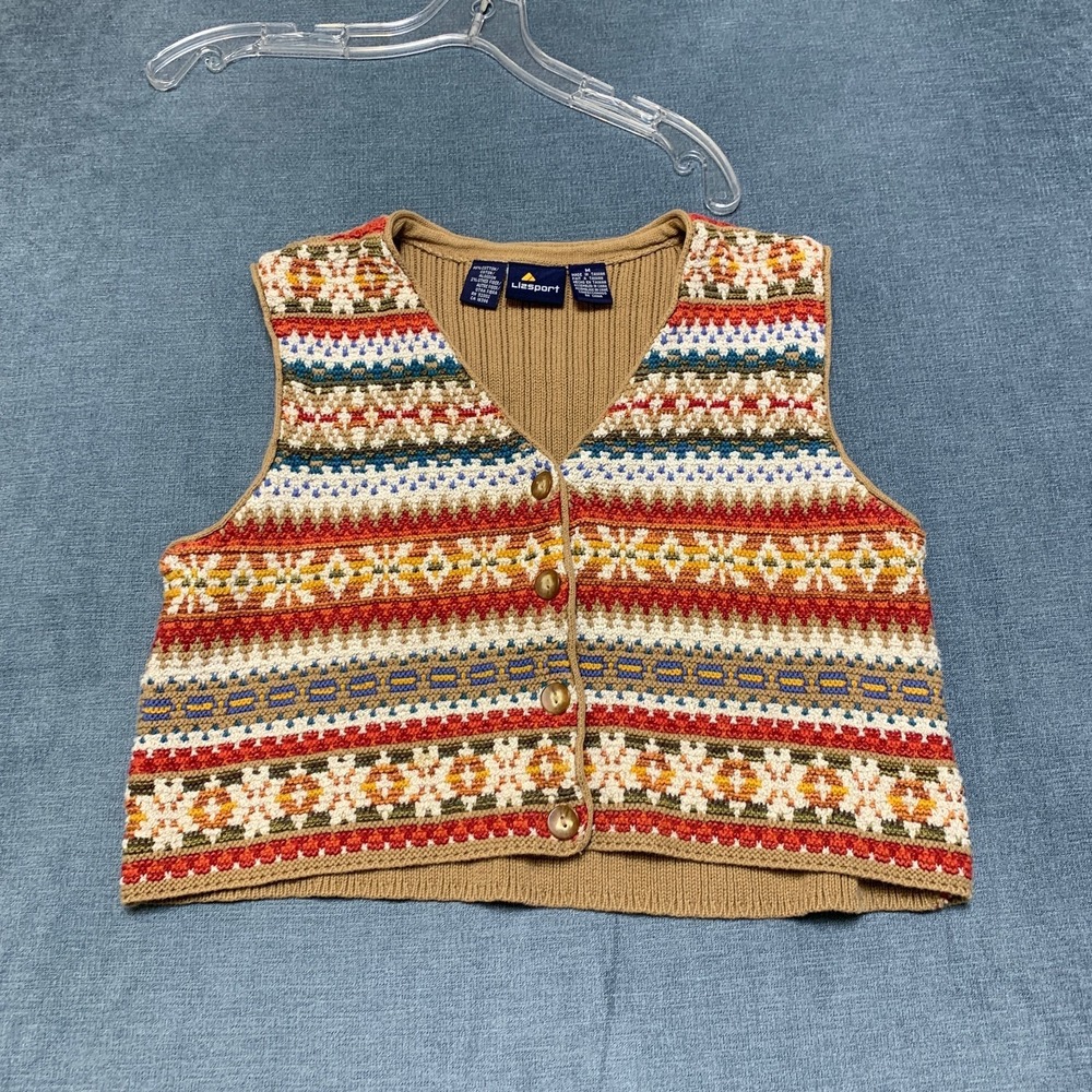 Liz Sport Sweater Vest Womens Medium Multi Fair Isle Cotton Sleeveless V Neck